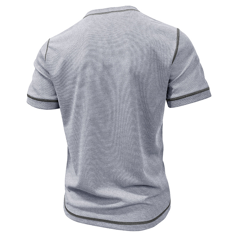 2024 Europäische und amerikanische Herrenbekleidung Rundhalsausschnitt Waffel Henry Kurzarm-T-Shirt Außenhandel Herrenknöpfe Kontrastierende helle Linie Boden_voghion.com