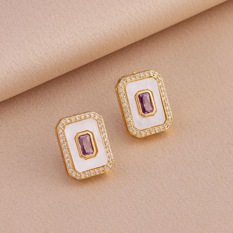 Collier pendentif carré incrusté de zircon violet classique rétro léger de luxe boucles d'oreilles à tige costume femme_voghion.com