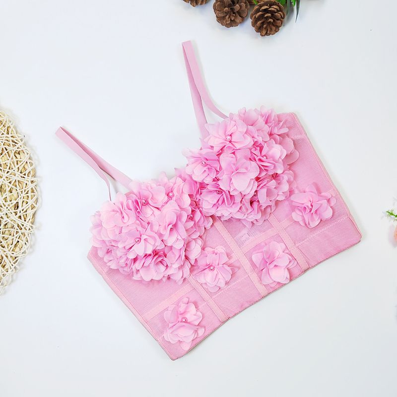 Women's Clothing Lace Mesh Fishbone Sling Short With Chest Pad Flower Small Vest Outer Wear Bottoming Chest Wrap French Beaded Top_voghion.com