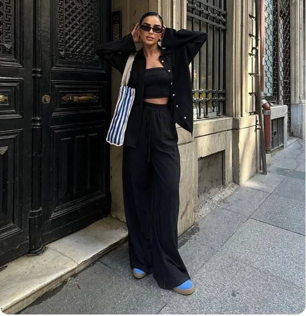 Elegant dame linned 2-delt sæt langærmet skjorte med brede ben Bukser ensfarvet Loungewear Efterår Vinter Todelt matchende outfits_voghion.com