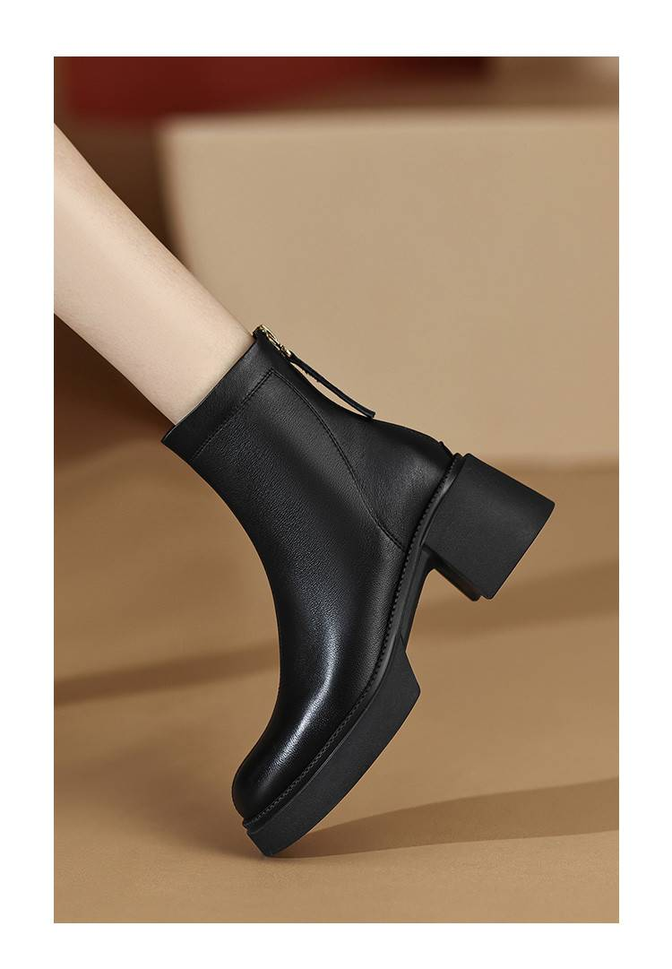 cameido Simple thick-soled ankle boots for petite women, with chunky heels and a rear zipper, fashion boots_voghion.com