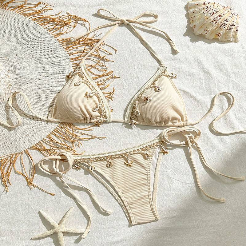 Women's Clothing Solid Color Lace-up Swimsuit Women's Three-point Sexy Beach Bikini_voghion.com