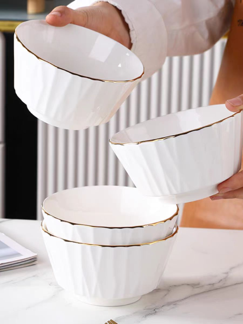 Keramik-Geschirr für zu Hause, 11,4 cm, 6-teiliges Set, stilvolle nordisch inspirierte Schalen mit Goldrand, hochwertiger Ins-Stil, perfekt für Reissuppe, Neuankömmling_voghion.com