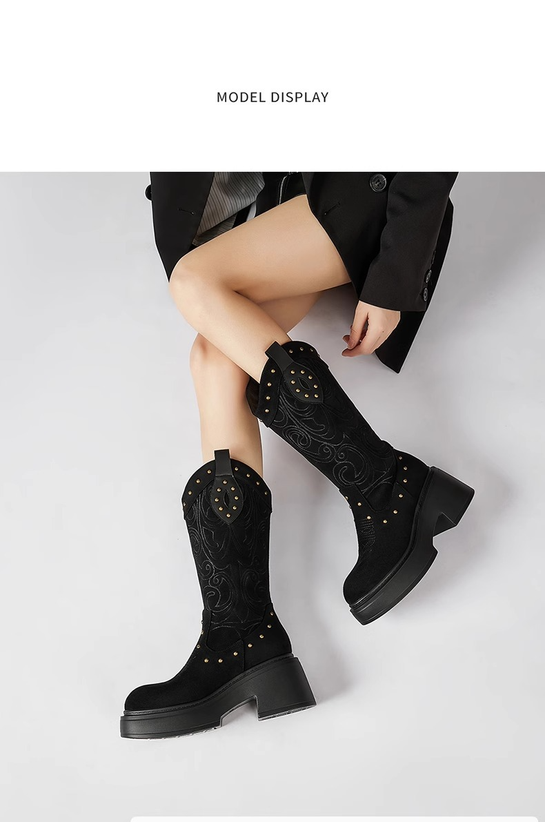 Damenschuhe Retro Spitzschuh Damenstiefel Dicker Absatz Ärmel Ritterstiefel Herbst Neue bestickte Stiefel mit mittlerer Wade Western Cowboystiefel_voghion.com