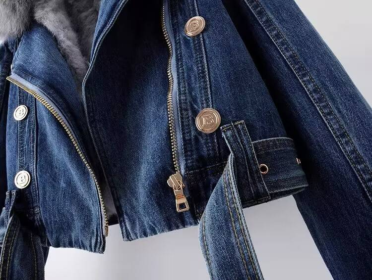 Giacca corta da donna con fodera in pelliccia di volpe sintetica rimovibile e pelliccia di coniglio, giacca in denim_voghion.com