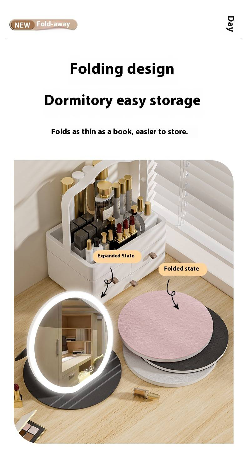 3-farbiger LED-Kosmetikspiegel mit Touch-Steuerung – faltbarer Schminkspiegel für Zuhause, Büro und unterwegs (Schwarz/Weiß/Pink, über USB wiederaufladbar, HD-Spiegel)_voghion.com