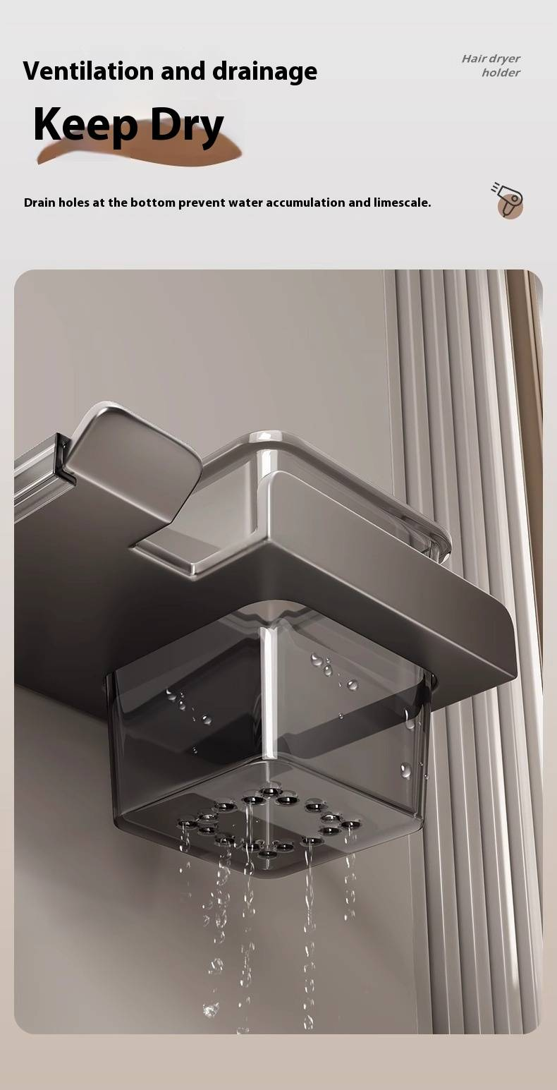 No Drill Hair Dryer Holder Wall Mount, Bathroom Organizer With Cord Wrap & Storage Shelf, Modern Aluminum Shower Caddy For Comb & Styling Tools_voghion.com