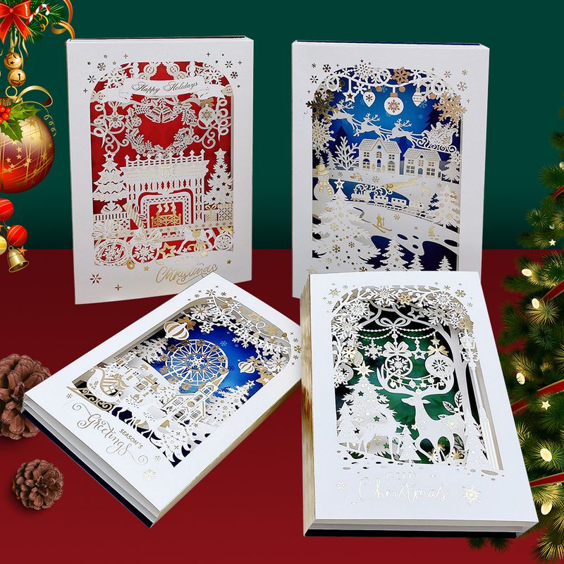 Cartes de vœux 3D de Noël faites main avec gravure laser et feuille d'or - Décoration de table festive pour l'esprit des fêtes (lot de 4 modèles)_voghion.com