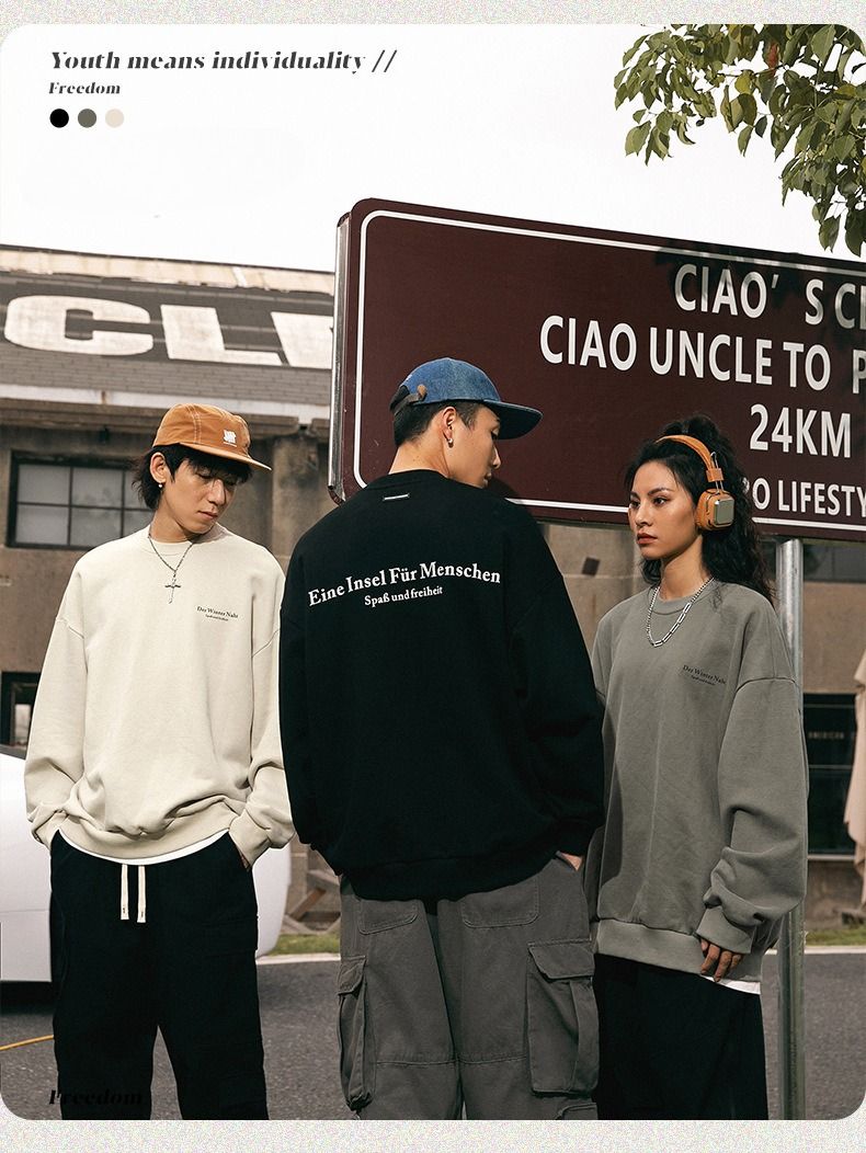 Bluza z okrągłym dekoltem w stylu retro – Heavyweight Unisex Streetwear (czarny/szałwiowy/kremowy, oversize'owy sweter vintage)_voghion.com