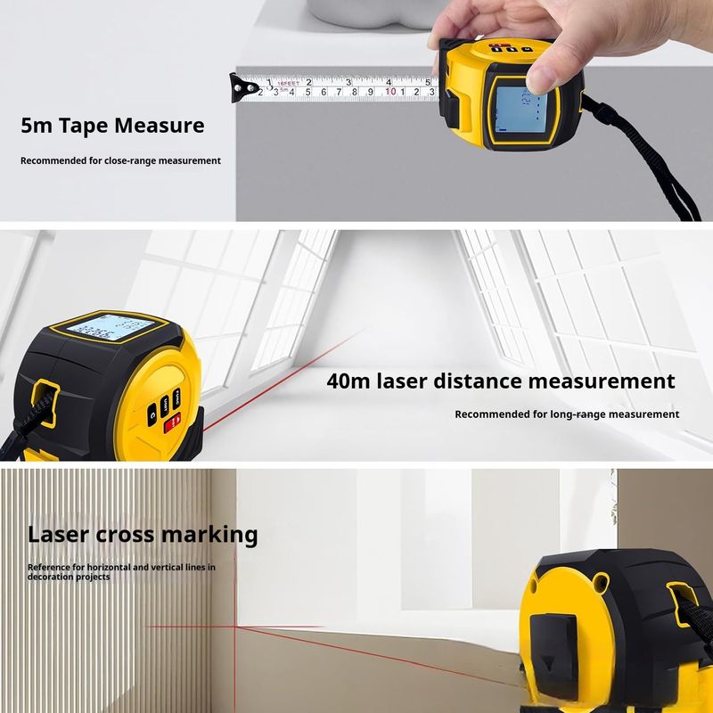 3-in-1 Laser Tape Measure – High-Precision Digital Measuring Tool With Cross-Line Laser & Auto-Calculation (Backlit LCD, IP54 Dustproof)_voghion.com
