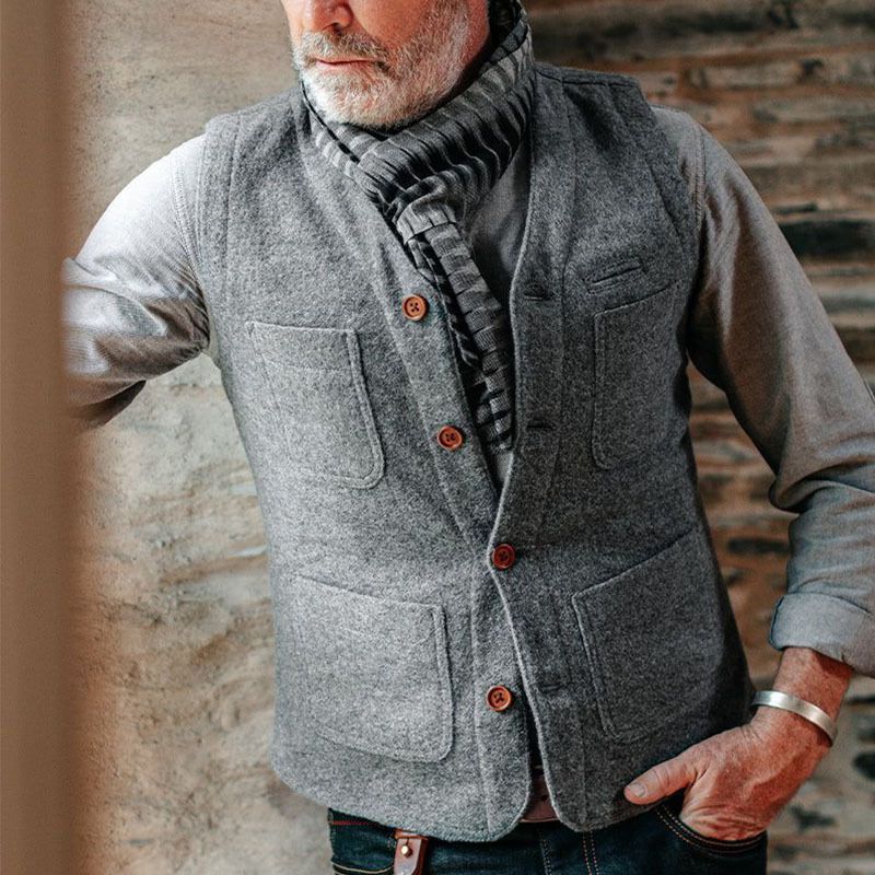 Gilet homme coupe ajustée col V, idéal pour les tenues professionnelles décontractées et habillées, mélange acrylique léger, gris, tailles M à XXL_voghion.com