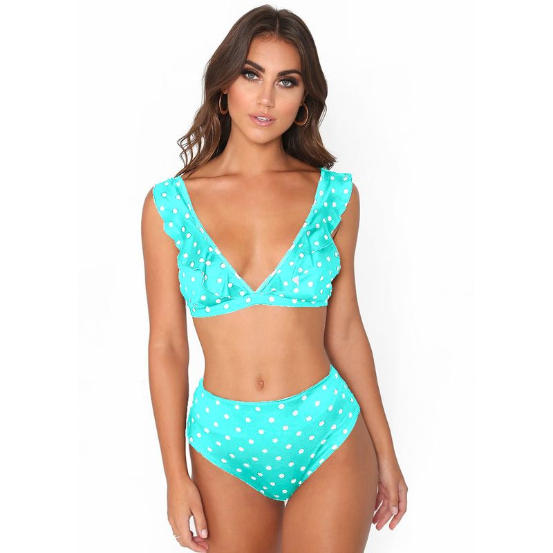 2024 Ruffle Edge Deep V Bikini Black And White Wave Dot Printed Sexy Swimsuit_voghion.com