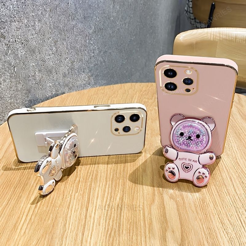 Cute Plating Quicksand Bear Holder Case For Iphone 16 12 13 Mini 11 14 15 Pro Max Plus X Xs Xr 16plus 16pro Silicone Stand Cover_voghion.com
