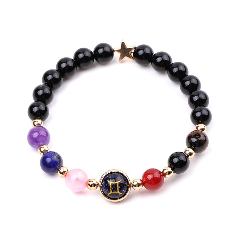 Bracelet personnalisé avec signe du zodiaque - Breloque constellation en feuille d'or avec pierres précieuses curatives, perles réglables en forme d'étoile et de planète_voghion.com