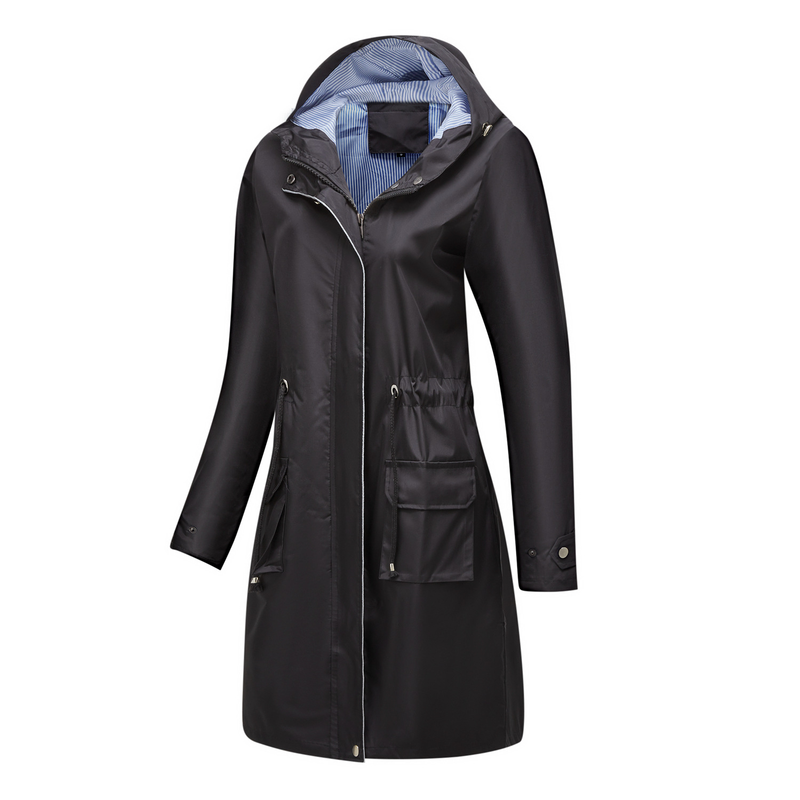 Trench casual da donna K Long con cappuccio, impermeabile, tinta unita con fodera a righe, cappotto dritto._voghion.com