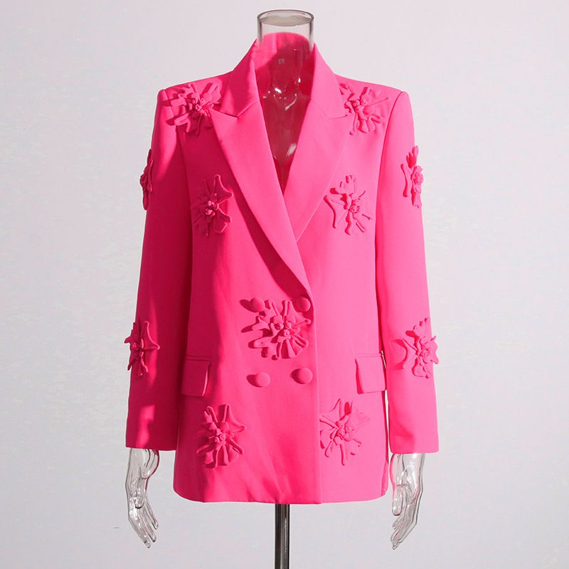 Women's Clothing High Waist Flared Trousers Elegant Floral Print Women's Suit Set - Blazer & High-Waisted Flare Pants (White/Pink/Black)_voghion.com