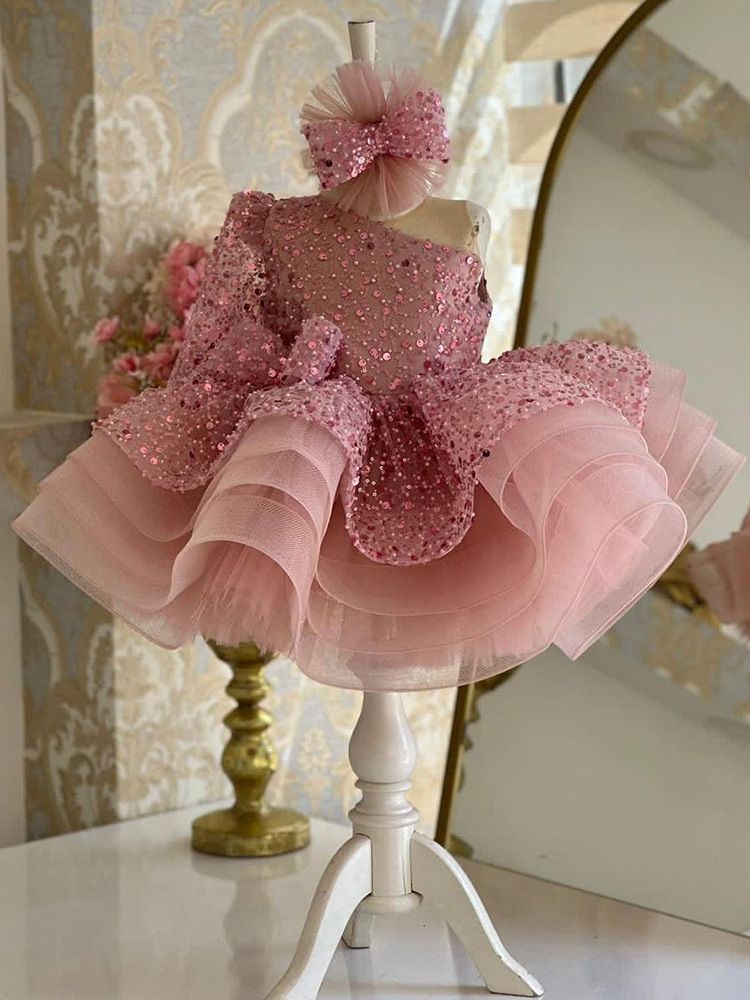 Robe de princesse à paillettes et manches longues pour filles, tenue élégante et duveteuse, idéale pour un bal d'anniversaire ou une célébrité, collection 2024_voghion.com