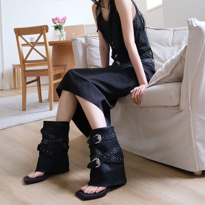 Sandales noires à bout ouvert pour femmes, nouvelle collection été 2025, bride à boucle, style urbain, bottes tendance pour filles_voghion.com