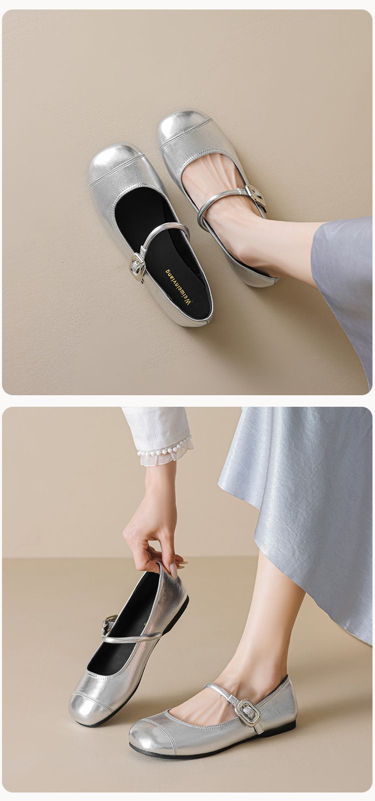 Silberne Einzelschuhe für Damen, flach, französisch, Ein-Wort-Riemen, Ballett mit Rock, Mary Jane Damenschuhe_voghion.com