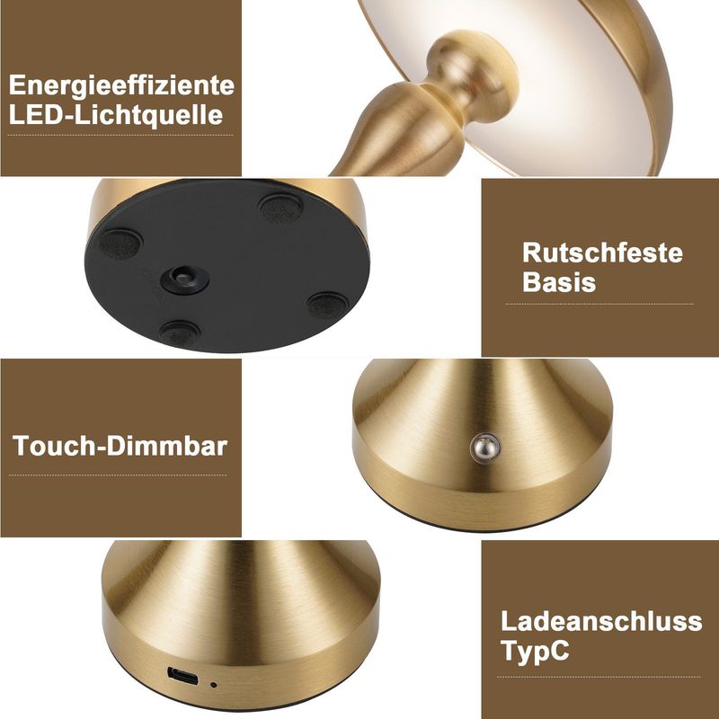 Glitzerlife Tischlampe Kabellos Nachttischlampe LED - Touch Dimmbar Retro Gold Bronze Lampe Mit USB Aufladbar Batterie Tischlampen Für Fensterbank Wohnzimmer_voghion.com