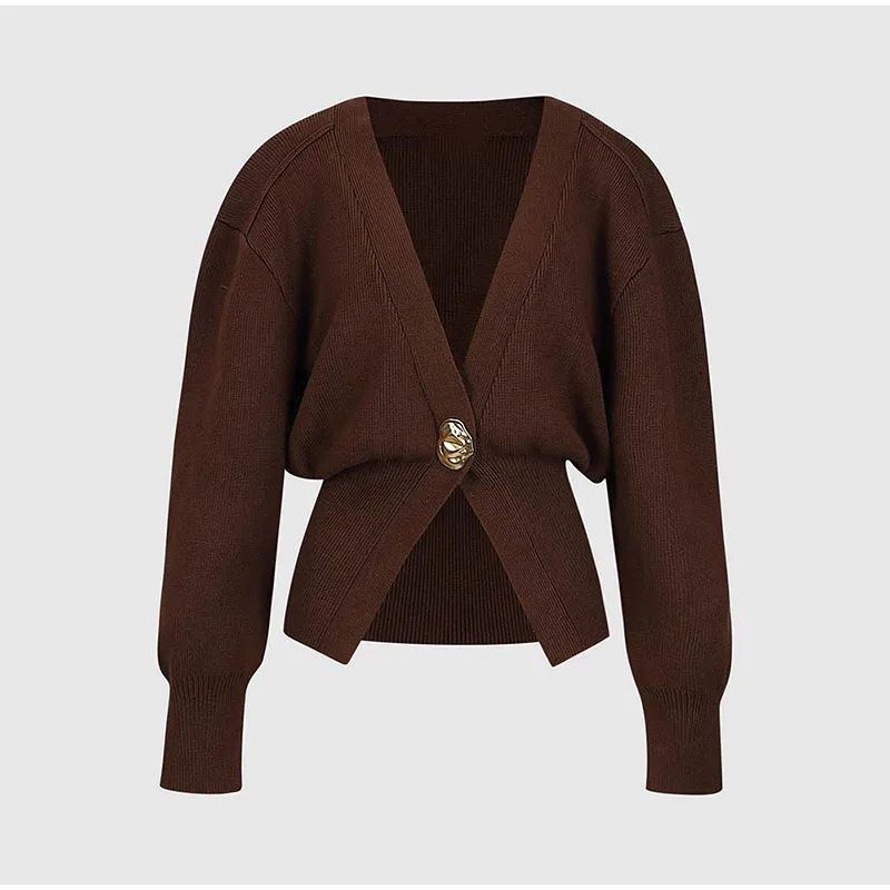 Roupas femininas Suéter feminino Temperamento Elegante Cor sólida Manga comprida Botão Cardigan de malha_voghion.com