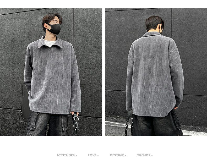 Textured Wheat Jacquard Polo Collar Sweatshirt – Men’s Relaxed Fit Layering Essential (180-220GSM, M-3XL, Minimalist Streetwear Staple)_voghion.com