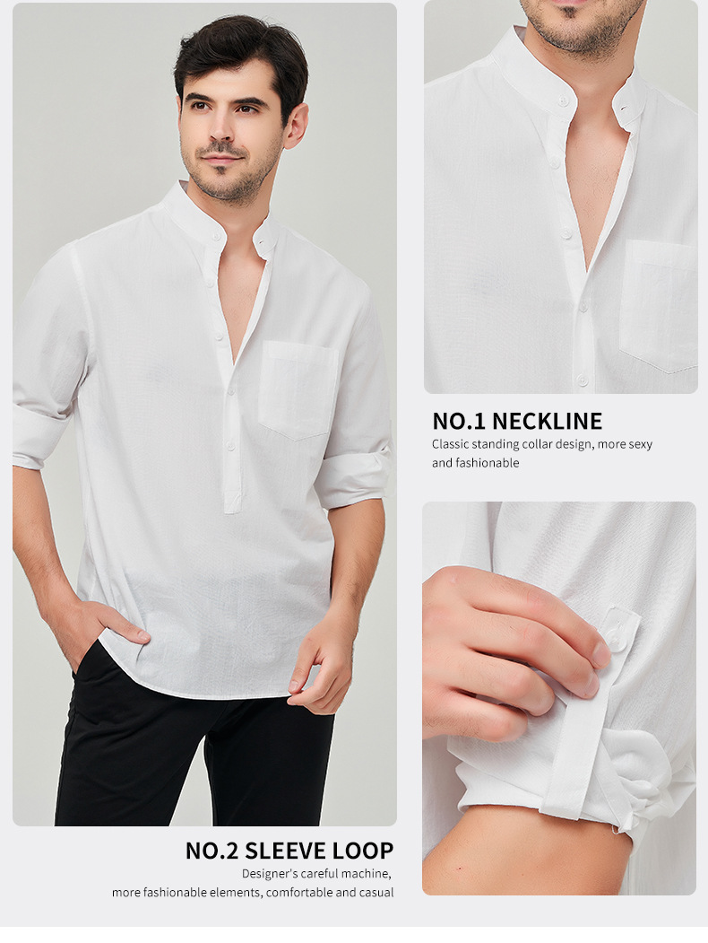 Abbigliamento Uomo Camicia Camicia Henry in cotone da uomo Camicia in lino con collo alto Camicia a maniche lunghe da uomo_voghion.com