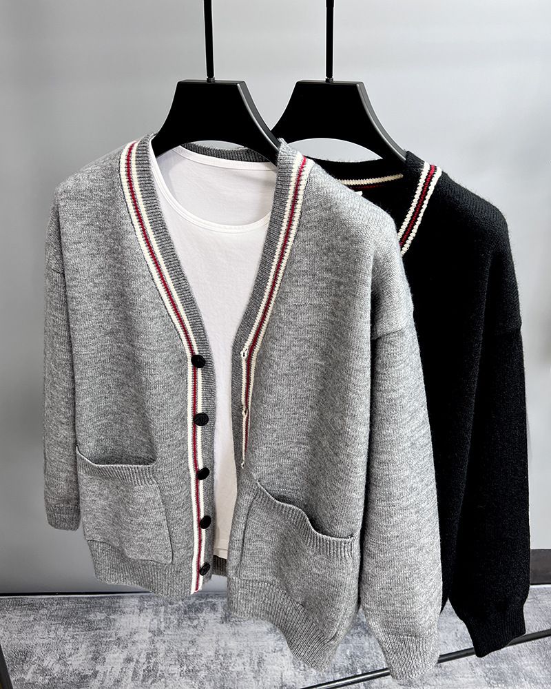 Cardigan in maglia con scollo a V da uomo – Pullover casual oversize (M-4XL, nero/grigio)_voghion.com