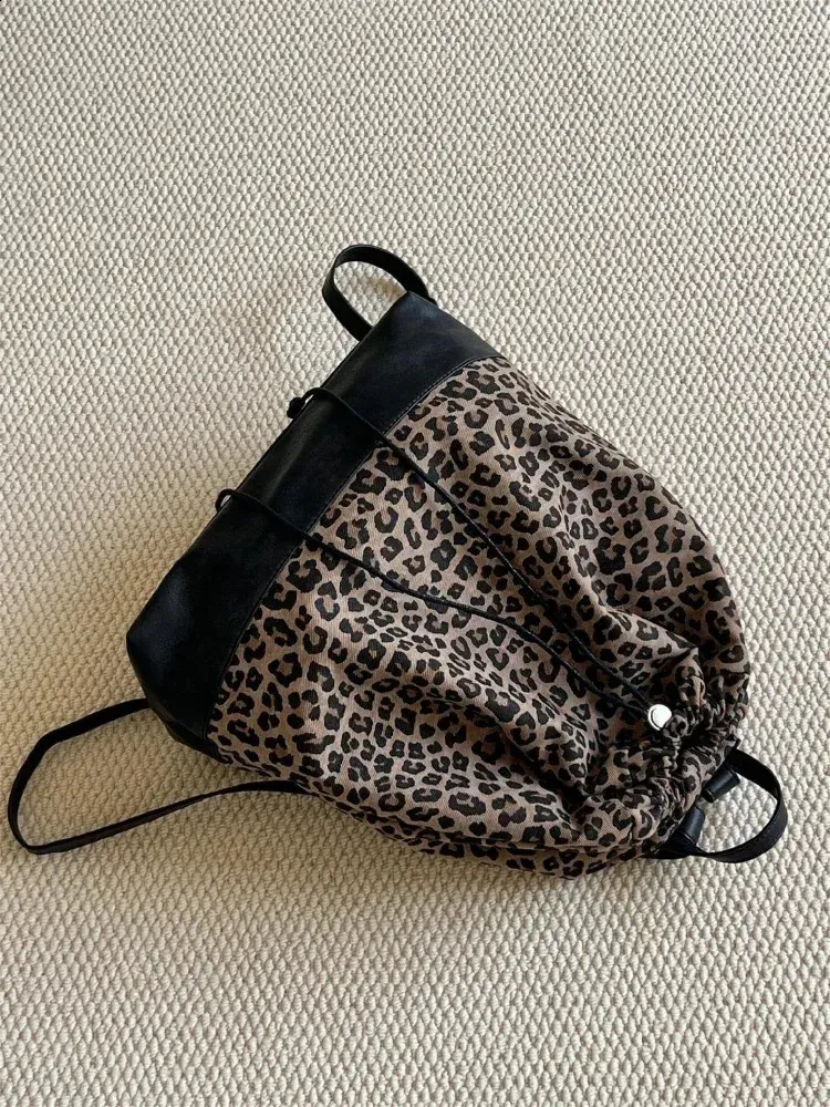 Fashion Y2k Womens Casual Street Leopard Print Drawstring Bag Large Capacity Rucksack Bolsos De Mujer 240829_voghion.com