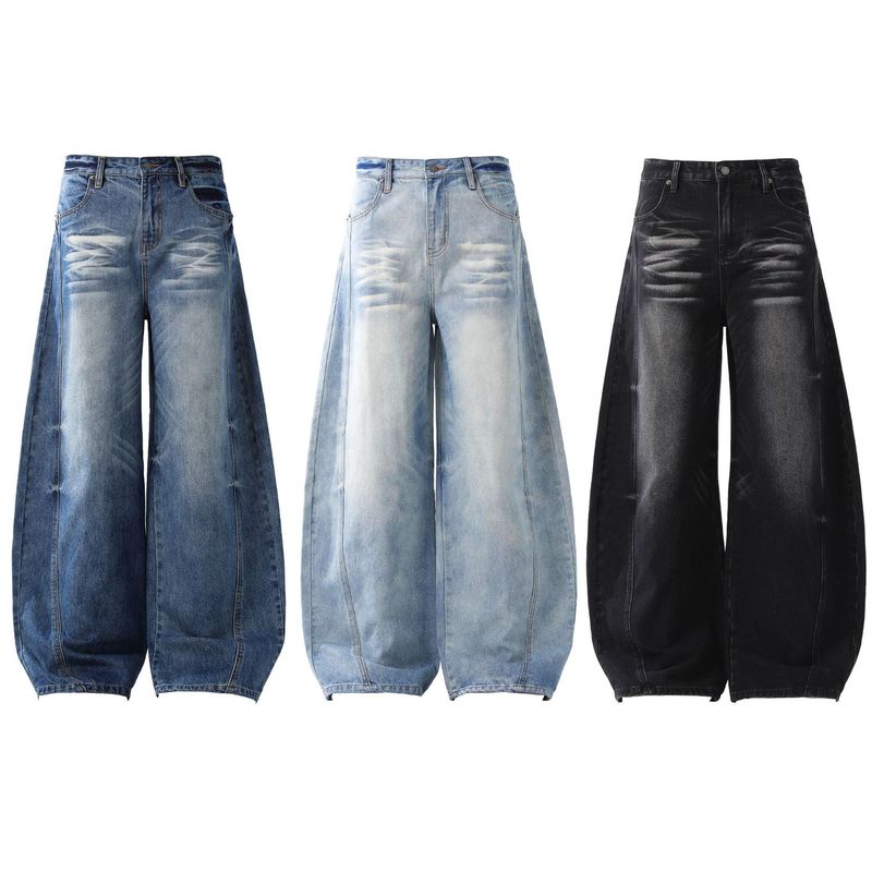 Deconstructed Raw Hem Men's Jeans | American High Street Baggy J-Curve Fit With Whisker Wash_voghion.com