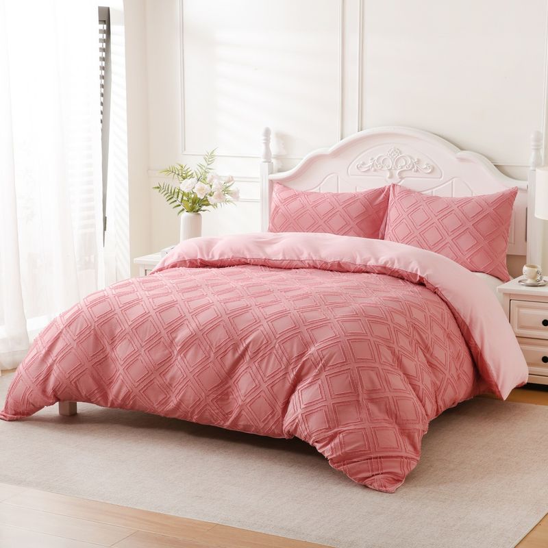 Tufted Wool Cut Flower Pink Diamond Geometric Quilt Cover Home Textile Bedding Three Piece Set_voghion.com