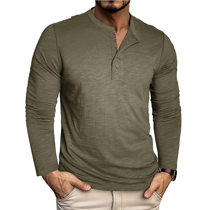 T-Shirt zum Knöpfen für Herren – Weiches Langarm-T-Shirt aus Bambusbaumwolle mit Rundhalsausschnitt für den Alltag (Schwarz, Marineblau, Militärgrün, Weiß, Khaki)_voghion.com