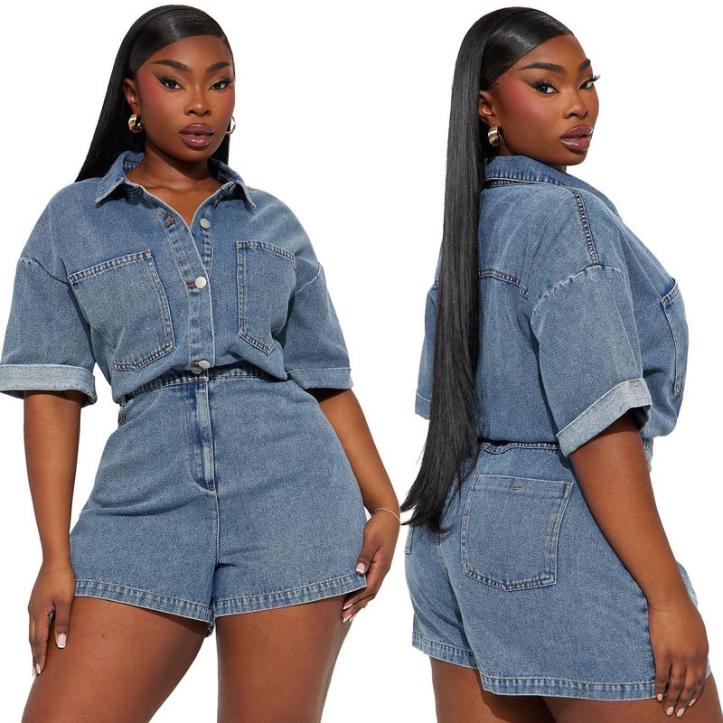 Salopetă din denim spălat, cu mânecă scurtă și elastică, lejeră, pentru femei_voghion.com