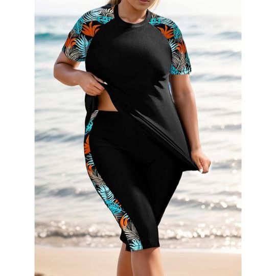 GraceChic GraceChic New Two-Piece Swimsuit For Women, Summer Diving Suit, Conservative Tankini, Short Sleeve, Tummy Control, Slimming,_voghion.com