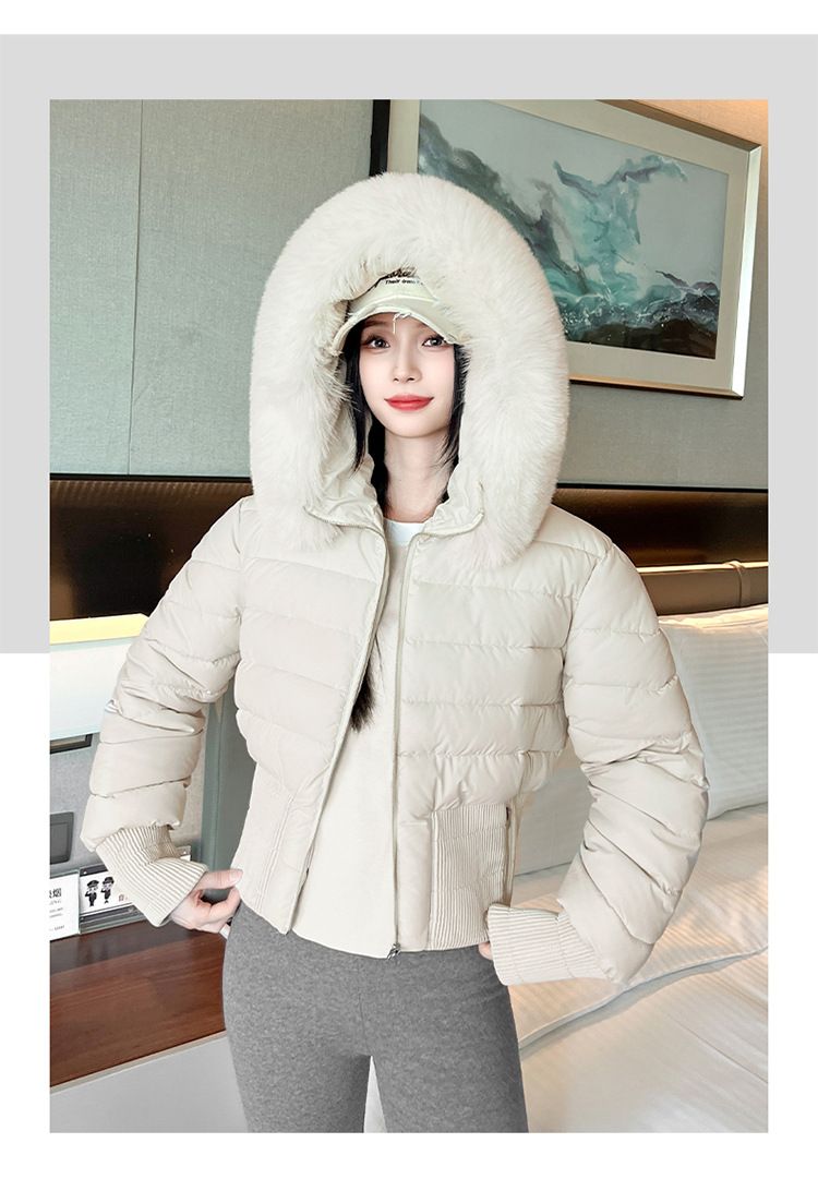 Pufferjacke mit Kunstpelzkapuze für Damen, Winterkurzmantel mit abnehmbarem Kragen, Slim Fit, gesteppte Oberbekleidung in Schwarz/Braun/Creme_voghion.com