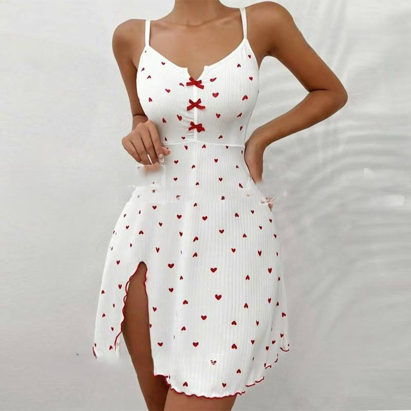 Sovkläder för kvinnor Hjärtformat tryck Hot Girl Kontrastfärg Hem Nattlinne Slit Hängsel Pyjamas Butterfly ·_voghion.com