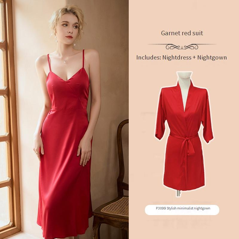 Sexy Nachtwäsche Bequemer, einfacher Pyjama aus Eisseide, Sling-Nachthemd mit Schnürung, äußere Robe, weiblicher Heimkleidungsanzug_voghion.com