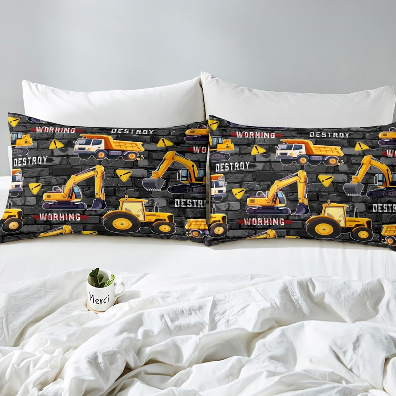 Excavator Duvet Cover Set Double Size For Kids Boys Teens Construction Vehicles Bedding Set Equipment Trucks Comforter Cover With 2 Pillowcases _voghion.com