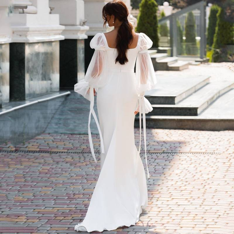 Robe de soirée élégante à manches longues pour femme, taille haute, longueur au sol, décolleté en U, tissu élasthanne extensible, robe d'invitée de mariage et de fête_voghion.com