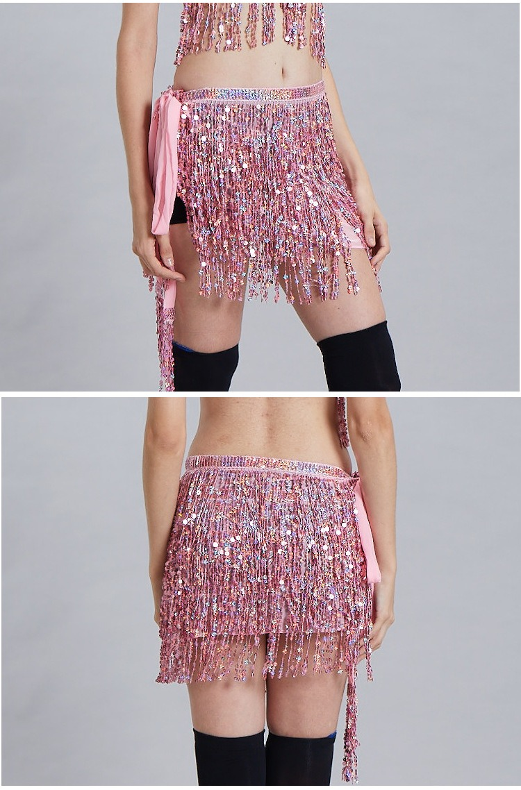 Chaîne de taille pour danse du ventre d'Halloween, serviette de hanche indienne, serviette de hanche à franges à paillettes bohème, costume de scène DS Performance_voghion.com