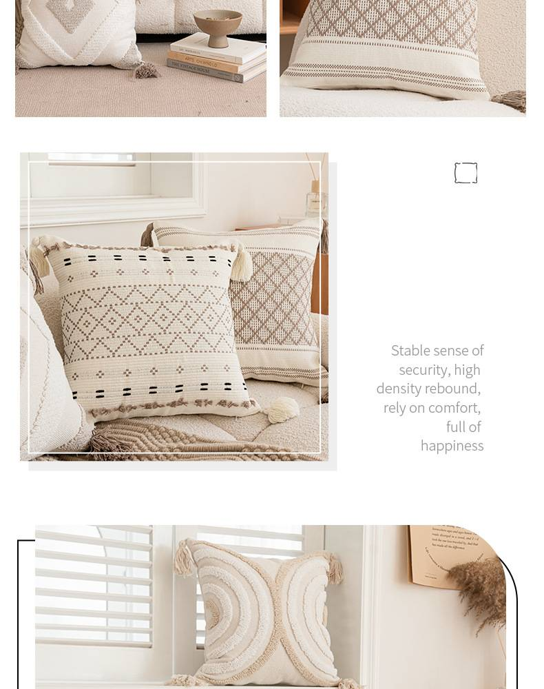 Set di federe per cuscini con nappe e trapuntatura moderne - Design con ritagli geometrici neri e frange intrecciate, cuscino per divano 45x45 cm (miscela di policotone)_voghion.com