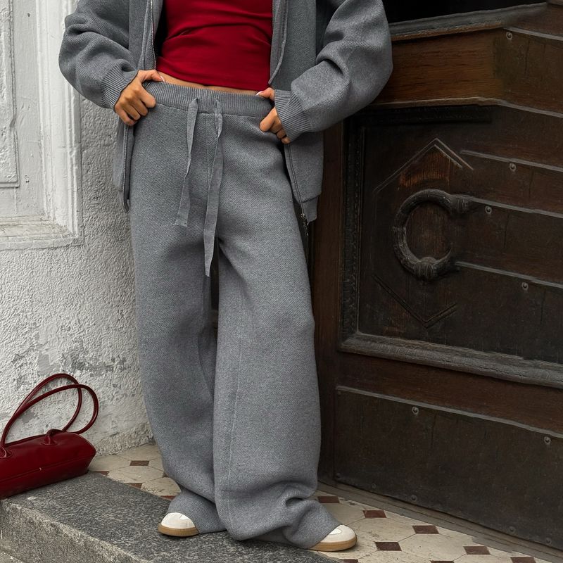 Completo con felpa con cappuccio e pantaloni a gamba larga in maglia – Maglione oversize con cerniera e pantaloni morbidi_voghion.com