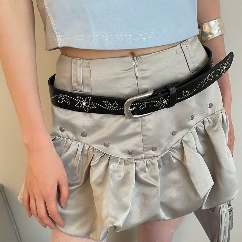 Y2k rivet inlaid flower versatile Korean jeans with belt, personalized high-end feeling, slim waist and slimming effect_voghion.com