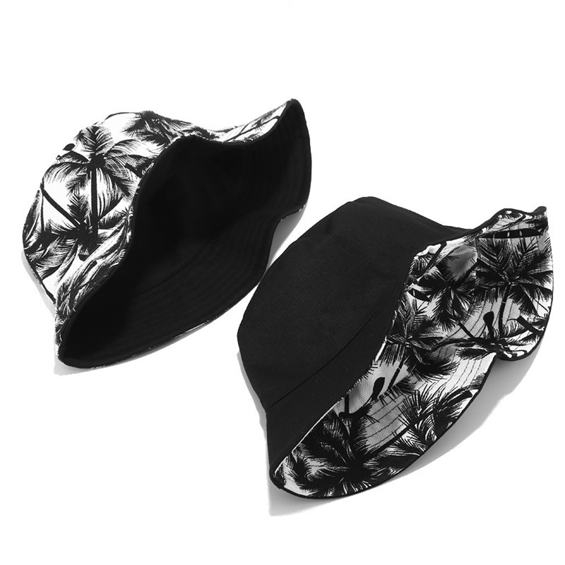 2022 New Unisex Fashion Summer Reversible Black White Coconut Tree Printed Fisherman Caps Bucket Hats Gorro Pescador Men_voghion.com
