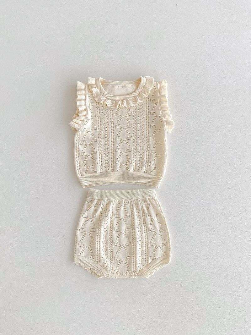 Vêtements d'été pour bébés filles, version coréenne, pull tricoté, col en dentelle, haut, short, ensemble princesse fin_voghion.com