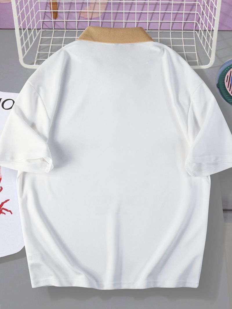 Herren Loose College Farblich passendes Revers Kurzarm T-Shirt Poloshirt Casual_voghion.com