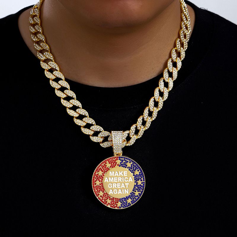 Collana con ciondolo in lega rotonda con lettera MAKE AMErica CREAT AGAIN e diamante pieno che gocciola olio_voghion.com