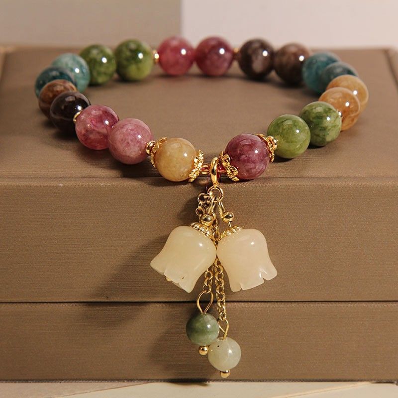 New Natural Stone Colored Tourmaline Women's Instagram Small Bell Orchid Pendant Bracelet as a Gift for Girlfriend and_voghion.com