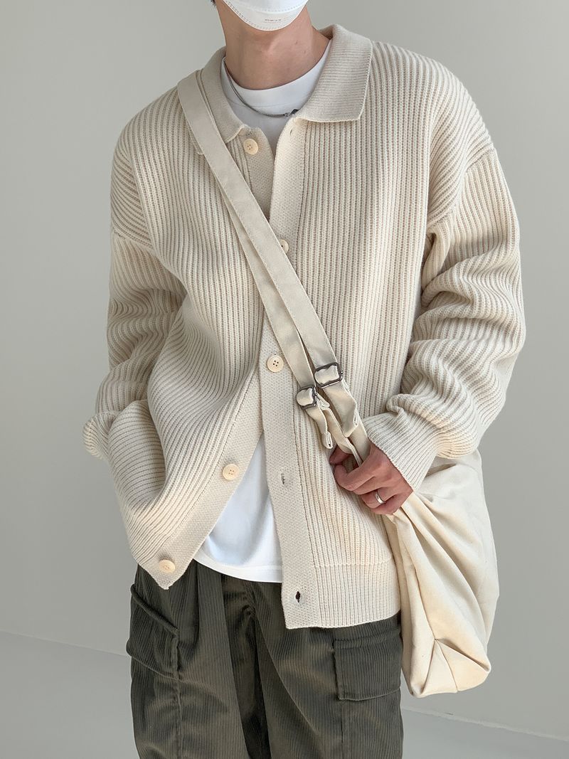 Men’s Casual Long-Sleeve Cardigan – Japanese Minimalist Style, Lightweight Knit Sweater, Breathable Polyester Blend, Relaxed Fit With Lapel Collar_voghion.com