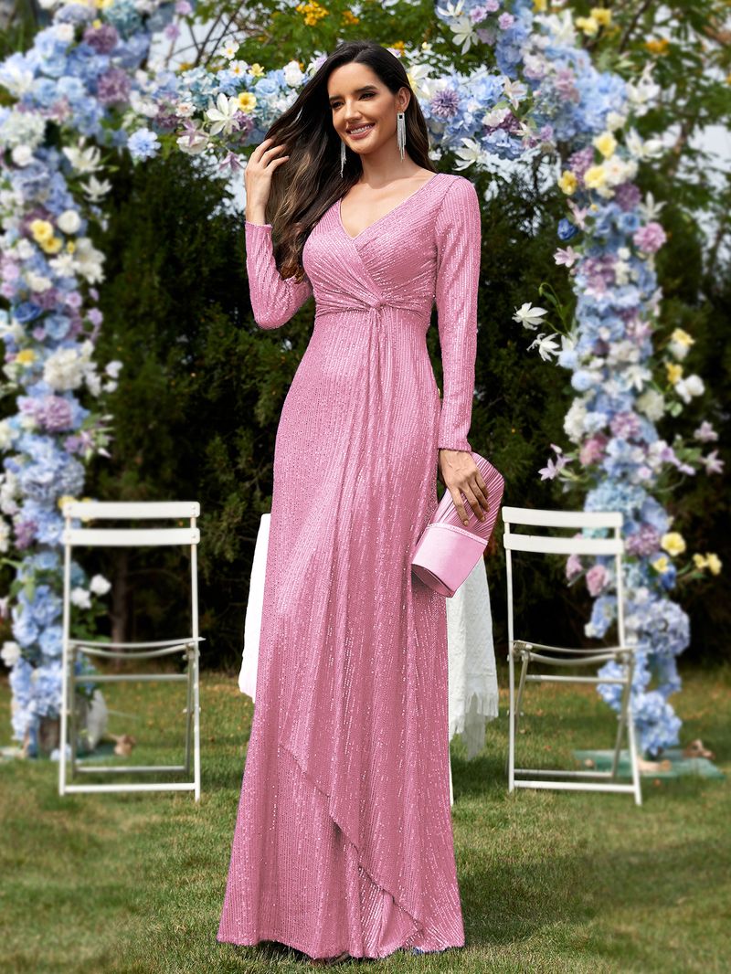 Abito da sera a sirena con scollo a V e maniche lunghe da donna_voghion.com